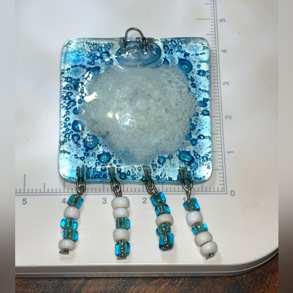 🌊 Artisan Blue Glass Pendant w/ Beaded Fringe | Fused Glass | Ocean-Inspired